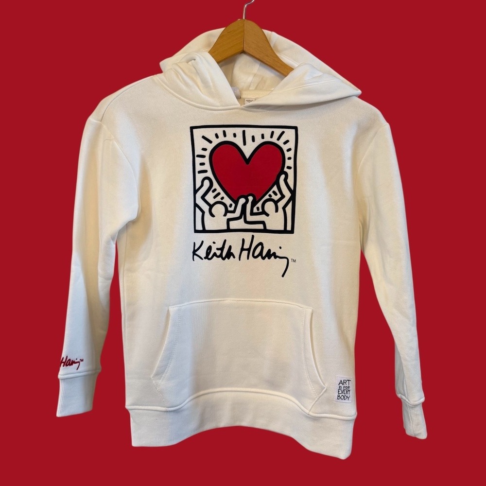 NWT Kids/Youth‎ Medium Artist Keith Haring White Graphic Art Hooded Sweatshirt